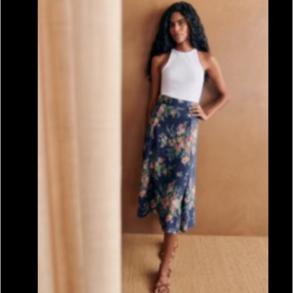 Sezane Navy Floral Midi Tabata Skirt